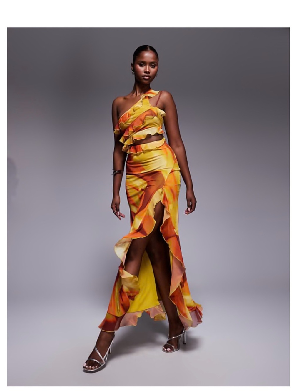 ASOS Yellow & Orange One-Shoulder Ruffle Maxi Dress